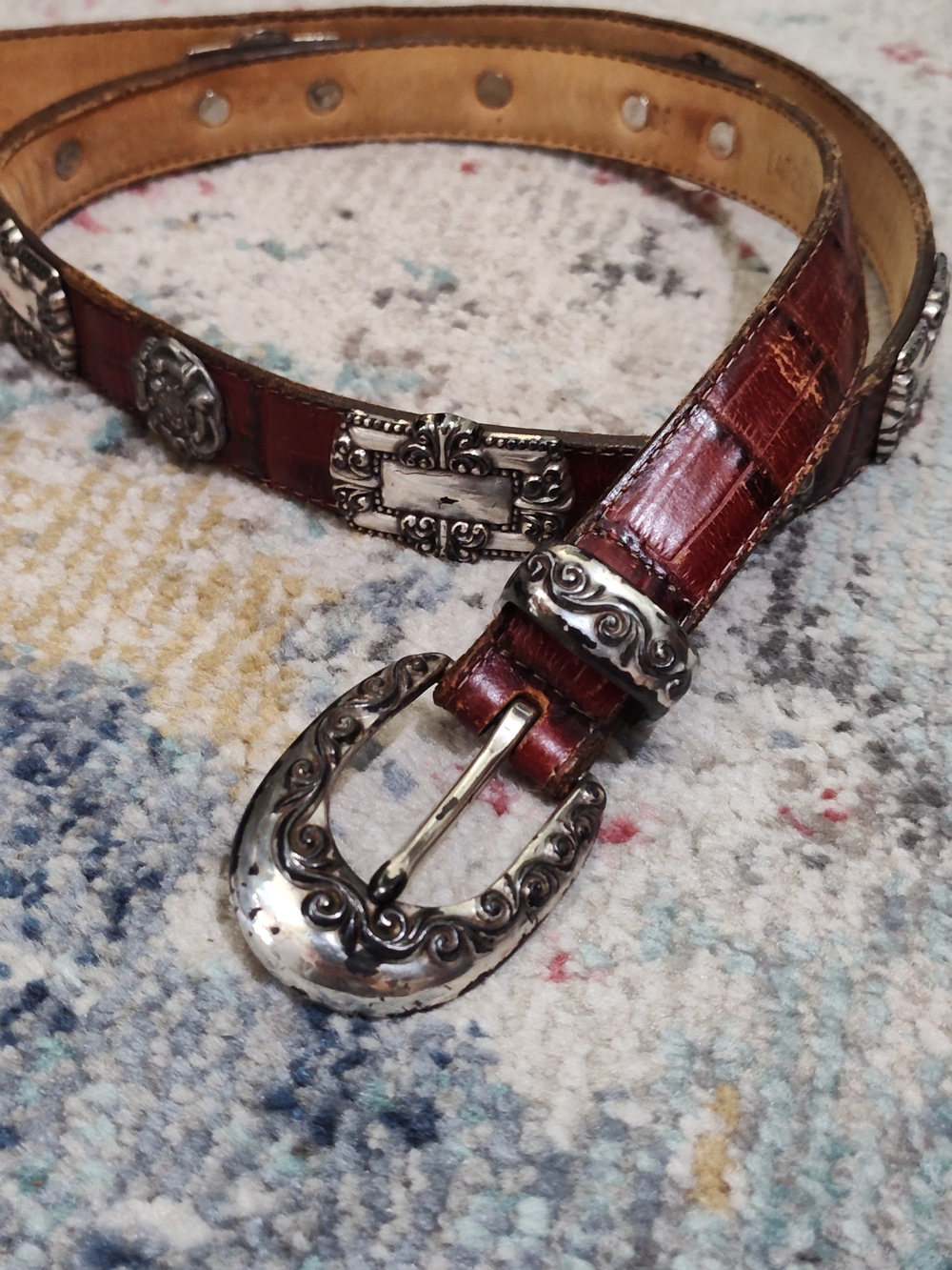 Brown Croc-Embossed Leather Belt with Ornate Silver Buckle